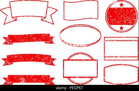 Big set of red grunge templates for round rubber stamps and ribbon banners. Stock Vector