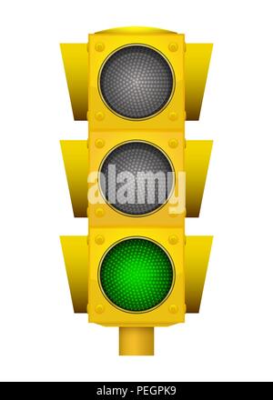 Realistic illustration of modern yellow led traffic light with switching on green light. Stock Vector