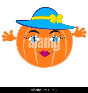 Sweet pumpkin in a woman's appearance in the blue hat isolated on a white background. Stock Vector