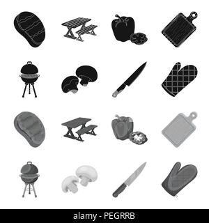 Barbeque grill, champignons, knife, barbecue mitten.BBQ set collection icons in black,monochrome style vector symbol stock illustration, Stock Vector