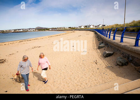 UK, Wales, Anglesey, Trearddur Bay, women dog walkers on beach in sunshine Stock Photo