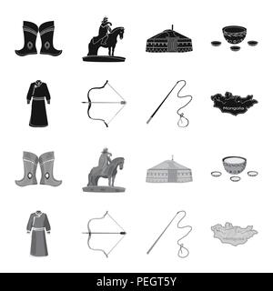 .mongol dressing gown, battle bow, theria on the map, Urga, Khlyst. Mongolia set collection icons in black,monochrome style vector symbol stock illust Stock Vector