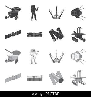 The space station in orbit, the preparation of the launch rocket, the lunar rover on the surface. Space technology set collection icons in black,monoc Stock Vector