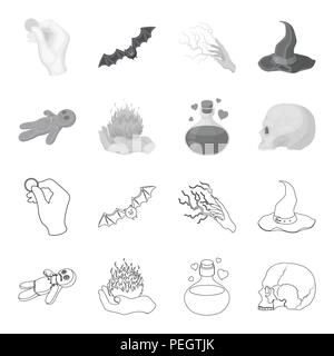 A voodoo doll, a magical fire, a love potion, a skull.Black and white magic set collection icons in outline,monochrome style vector symbol stock illus Stock Vector