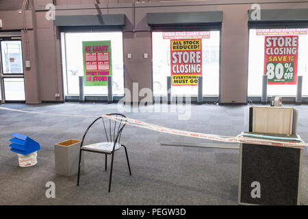 Inside of bankrupt Maplin electrical store, empty shelves, sad sign of the times. Stock Photo