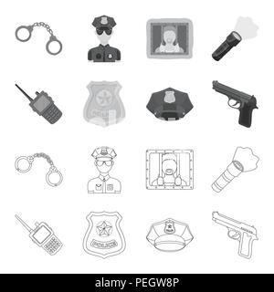 Radio, police officer badge, uniform cap, pistol.Police set collection icons in outline,monochrome style vector symbol stock illustration . Stock Vector