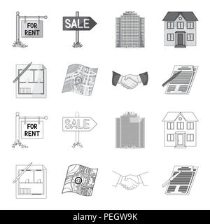 House plan, documents for signing, handshake, terrain plan. Realtor set collection icons in outline,monochrome style vector symbol stock illustration  Stock Vector