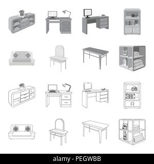 Soft sofa, toilet make-up table, dining table, shelving for laundry and detergent. Furniture and interior set collection icons in outline,monochrome s Stock Vector