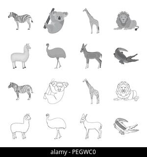 lama, ostrich emu, young antelope, animal crocodile. Wild animal, bird, reptile set collection icons in outline,monochrome style vector symbol stock i Stock Vector