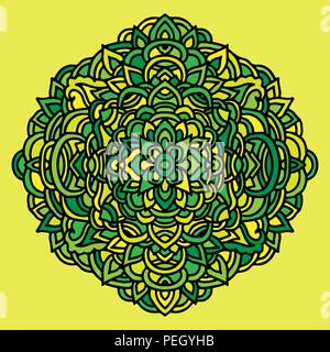 Abstract mandala ornament. Asian style pattern. Green and yellow background. Vector illustration. Stock Vector