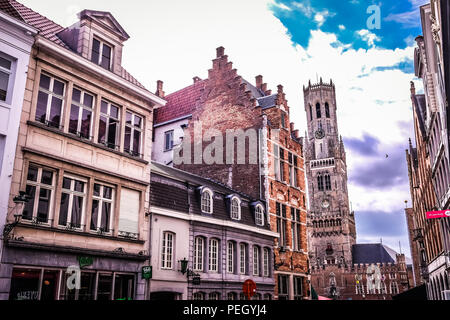 Lanscape view of the buildings and facades from the streets of the City of Bruges, in Northern Belgium Stock Photo