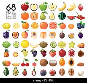Big collection of pixel fruits, berries and nuts Stock Vector
