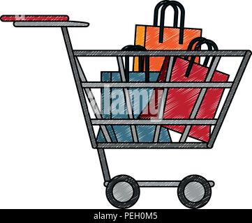 Shopping bags inside cart scribble Stock Vector