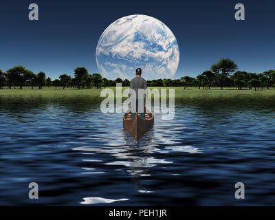 Man in a boat floats toward green horizon. Planet rise over horizon. Stock Photo