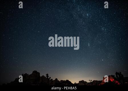 Joshua Tree, California, USA. 13th Aug, 2018. 2018 Perseid meteor shower at Joshua Tree National Park with Milky Way visible and glow on the horizon. Credit: Stan Sholik/ZUMA Wire/Alamy Live News Stock Photo