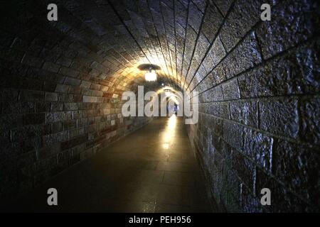 firo Land and People: Bavaria: Tourism Germany, Alps, Mountains: 31.07.2018 124 meter long tunnel to the Kehlsteinhaus elevator The Kehlsteinhaus is a representative building above Berchtesgaden built between 1937 and 1938 by the NSDAP after plans by architect Roderich Fick. It was part of the Taterortes Fuhrersperrgebiet Obersalzberg and publicly accessible since 1952. An exhibition informs about its history, since then the rest of the rooms have been used as mountain inns to avoid a 'festive atmosphere'. The building is just below the Kehlsteingipfels in 1834 m height on a mountain spur. The Stock Photo