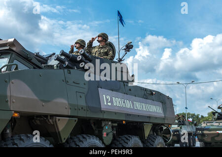 Poland, Warsaw: Heavy military vehicle on the street of the Polish capital at the military parade celebrating the Polish Army Day. Stock Photo