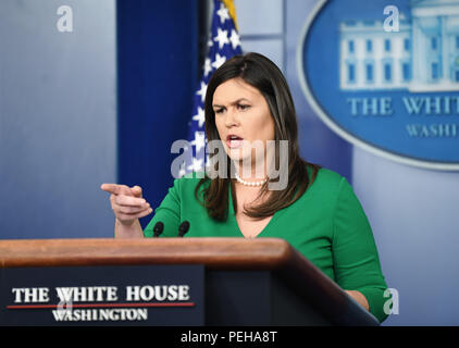Washington, USA. 15th Aug, 2018. White House spokesperson Sarah Sanders attends a press briefing at the White House in Washington, DC, the United States, on Aug. 15, 2018. The White House said on Wednesday that the United States will not lift sanctions on Turkish steel and aluminum products even if detained American pastor Andrew Brunson is released. Credit: Liu Jie/Xinhua/Alamy Live News Stock Photo