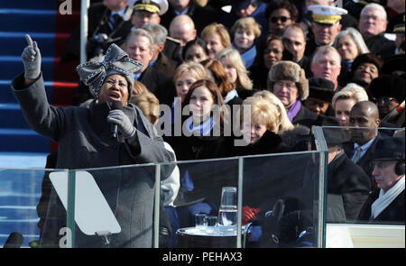 Washington, District of Columbia, USA. 21st Jan, 2009. Washington, DC - January 20, 2009 -- United States SInger Aretha Franklin performs at the the 56th Presidential Inauguration ceremony for Barack Obama as the 44th President of the United States in Washington, DC, USA 20 January 2009. Obama defeated Republican candidate John McCain on Election Day 04 November 2008 to become the next U.S. President.Credit: Pat Benic - Pool via CNP Credit: Pat Benic/CNP/ZUMA Wire/Alamy Live News Stock Photo