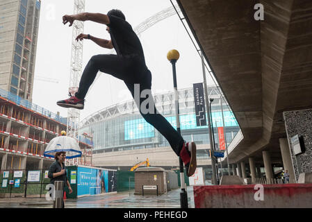London, UK.  16 August 2018.  Leading parkour practitioners perform at Wembley Park, ahead of the Rendezvous International Parkour Gathering XIII 2018 to be held at Wembley Park on 18 -19 August. Credit: Stephen Chung / Alamy Live News Stock Photo
