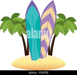 tree palms with surfboards scene Stock Vector