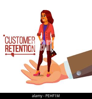 Customer Retention Vector. Businessman Hand With Woman Client. Customer Care. Save Loyalty. Support And Service. Flat Cartoon Illustration Stock Vector