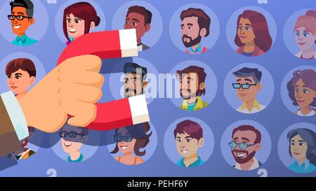 Customer Retention Vector. Businessman Hand With Giant Magnet. Relationship, Marketing Segmentation. People, Client. Customer Loyalty, Support. Care For Employees. Flat Cartoon Illustration Stock Vector