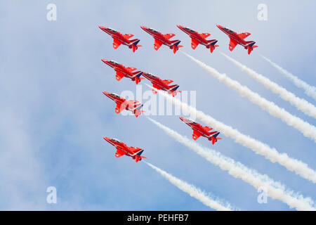 Royal Air Force Red Arrows aerobatic display team performing at Blackpool Air Show Stock Photo