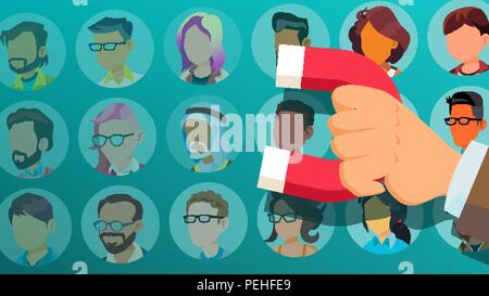 Customer Retention Vector. Businessman Hand With Giant Magnet. Relationship, Marketing Segmentation. Returning Client. Customer Loyalty, Support. Flat Cartoon Illustration Stock Vector