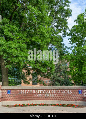 URBANA, IL/USA - JUNE 2, 2018. Entrance sign to the University of Illinois at Urbana–Champaign, a public research university in the U.S. state of Illi Stock Photo