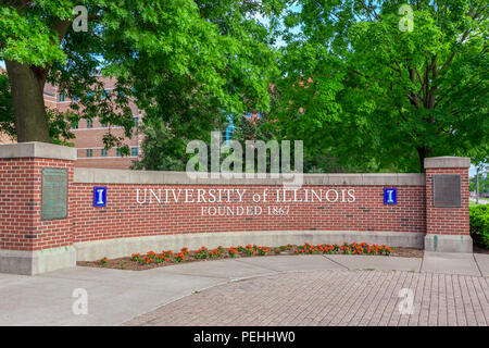 URBANA, IL/USA - JUNE 2, 2018. Entrance sign to the University of Illinois at Urbana–Champaign, a public research university in the U.S. state of Illi Stock Photo