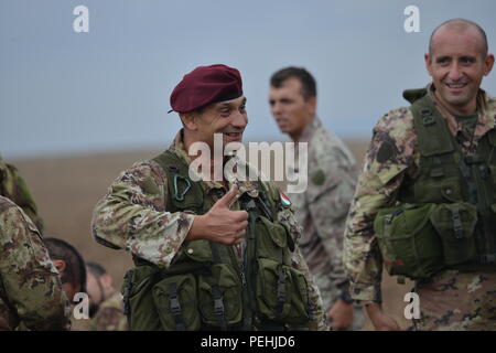 Italian paratroopers jumping into drop zone 'Alzey',near Alzey, Germany, Aug. 24, 2015. This airborne operation was part of Exercise Swift Response 15 ( U.S. Army Photos by Erich Backes, TSC Baumholder/released) Stock Photo