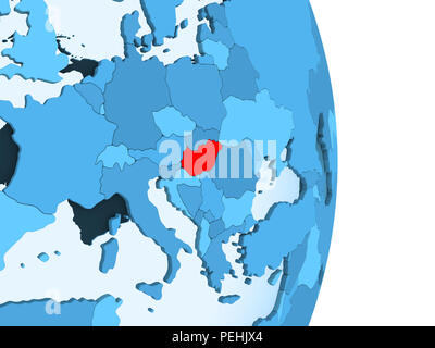 Hungary in red on simple blue political globe with visible country borders and transparent oceans. 3D illustration. Stock Photo