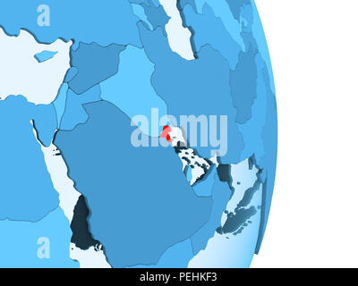 Kuwait in red on simple blue political globe with visible country borders and transparent oceans. 3D illustration. Stock Photo