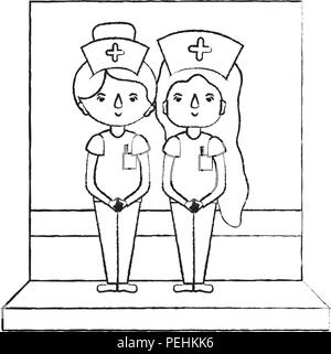 grunge women nurses assistant with professional doctor Stock Vector