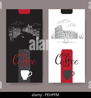 Set of two Italian coffee labels with Venice and Rome landscapes on black and white background. Stock Vector