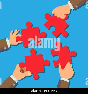 Solution Concept Vector. Businessman Hands Connecting Puzzle Pieces. Successful Launch Of Startup. Confusing Business, Solving. Flat Cartoon Illustration Stock Vector