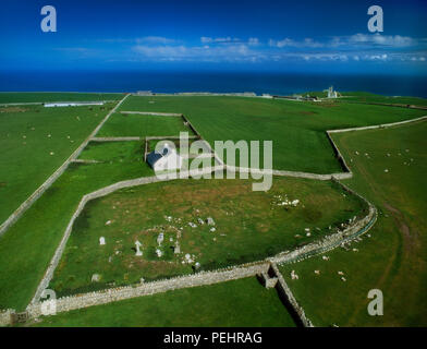 View SE of an Early Christian monastic enclosure on Beacon Hill, Lundy Island, Devon, UK, taken from inside the lantern of Old Light lighthouse. Stock Photo