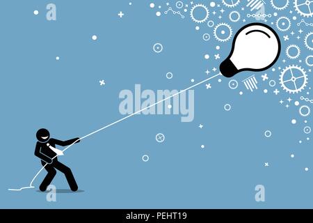 The big light bulb emits ideas all over the place. Vector artwork depicts pulling business idea, putting thoughts, and innovation. Stock Vector