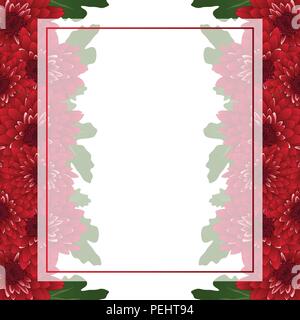 Red Chrysanthemum Banner Card Border isolated on White Background. Vector Illustration. Stock Vector