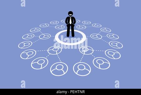 Vector artwork depicts business network, downline, referral connection, and pyramid scheme. Stock Vector