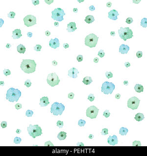 Seamless pattern with abstract blue and green flowers on a white background. It is done with the help of watercolor. Can be used for the design of per Stock Photo