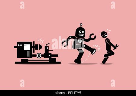 Vector artwork depicts automation, future concept, artificial intelligence, and robot replacing mankind. Stock Vector