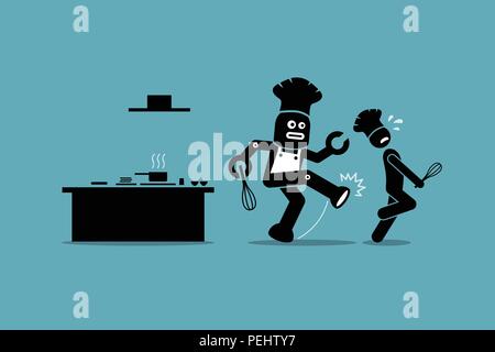 Vector artwork depicts automation, future concept, artificial intelligence, and robot replacing mankind. Stock Vector