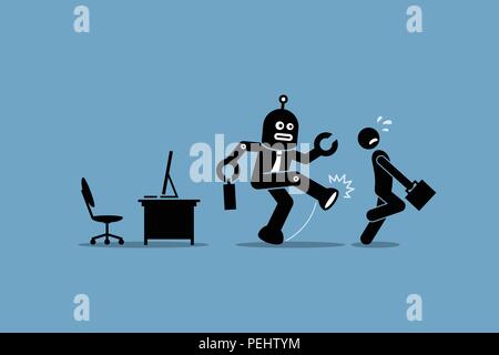 Vector artwork depicts automation, future concept, artificial intelligence, and robot replacing mankind. Stock Vector