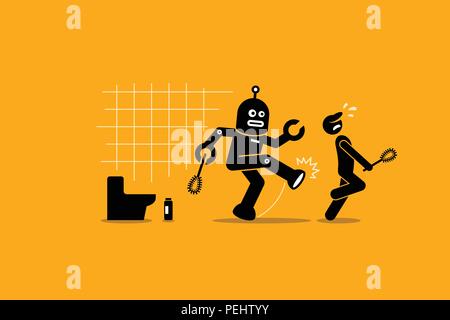 Vector artwork depicts automation, future concept, artificial intelligence, and robot replacing mankind. Stock Vector