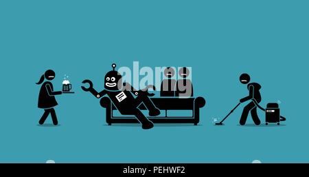 Artwork illustration depicts AI, artificial intelligence, and machine taking over humanity. Stock Vector