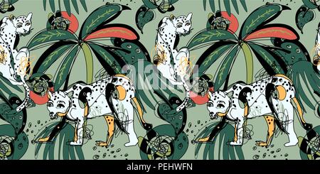 seamless pattern with leopards and tropical leaves Stock Vector
