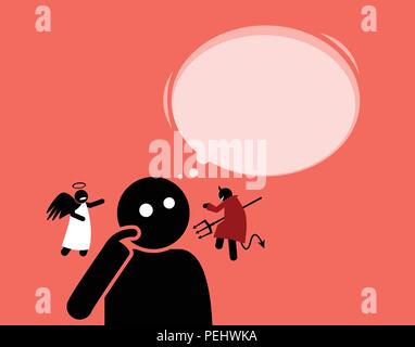 He is making a decision based on the suggestion and advice made by the angel and the devil. Who will the man listen to? Stock Vector