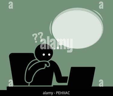 His hand and finger touches his chin trying to understand the content from the Internet. Stock Vector